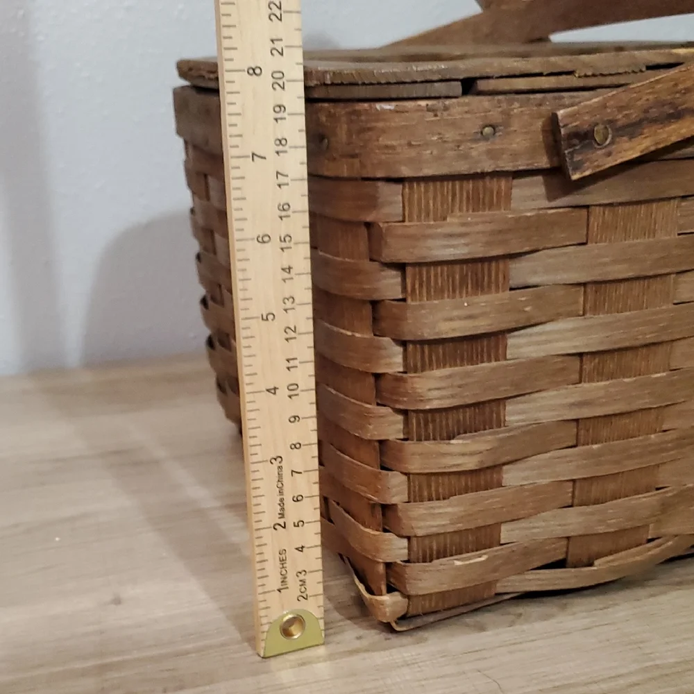 Peterboro Woven Top Wooden Picnic Basket with Handles Vintage Home Decor Antique